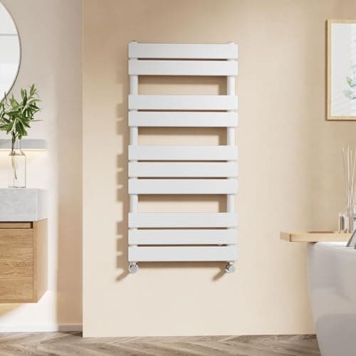 Image of EMKE Flat Panel Heated Towel Rail - Modern Design Bathroom Radiator White 1000 x 500 mm - Versatile Floor/Wall Mounted Ladder Rad Warmer