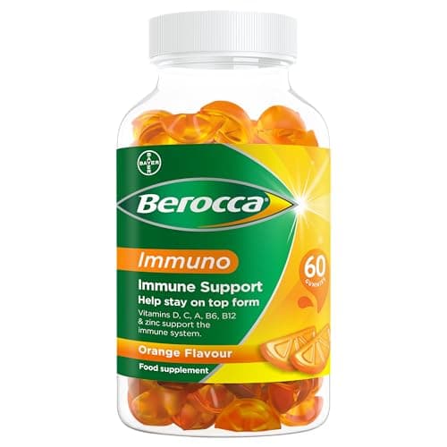 Image of Berocca Immuno Multivitamin Gummies - Immune System Support Including Vitamin D, C, A, B-Complex (B6, B7, B12), E and Zinc - Supplement for Women, Men and Kids - 60 Gummies - Orange Flavour