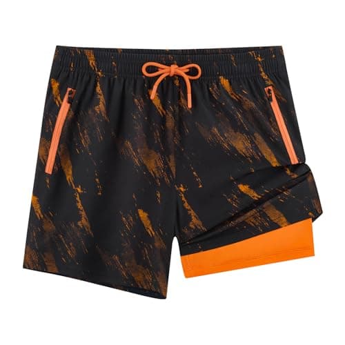 Image of APTRO Mens Swimming Shorts 5" Men Swimming Trunks with Compression Liner Stretchy 2 in 1 Swim Shorts with Zipper Pockets Quick Dry Black-Orange L