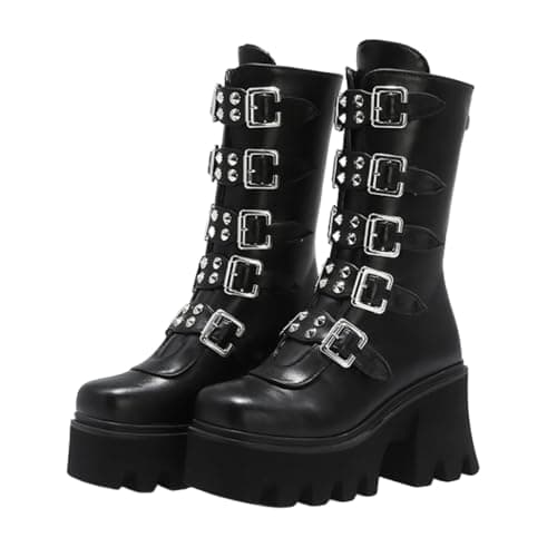 Image of NMMAX Womens Gothic Wedge Platform Chunky High Heel Zipper Punk Girls Boots Buckle INS Mid-calf Motorcycle Ankle Riding Combat Shoes,Black,UK 3