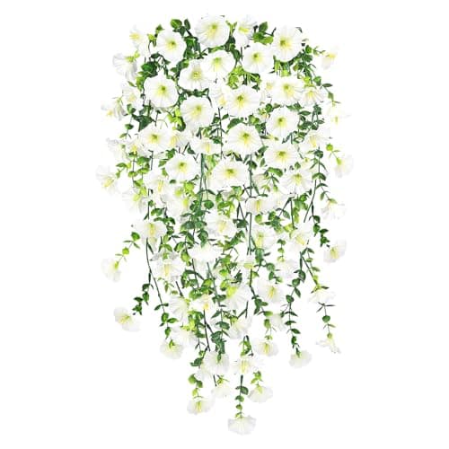 Image of Epaing 2PCS Artificial Hanging Flowers, Artificial Plants Flowers Outdoor, Fake Petunia UV Resistant Artificial Trailing Plants for Hanging Baskets for Home Garden Indoor Outdoor Decor(White)