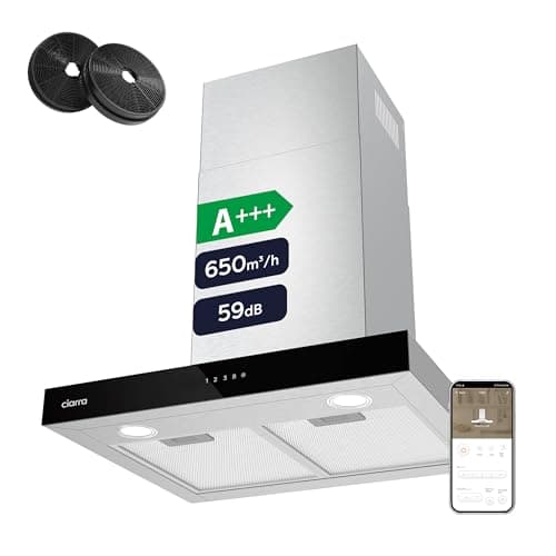 Image of CIARRA CBCS6102 Cooker Hood 60cm WIFI APP Touch Control 650m³/h Recirculating&Ducting Wall Mount Hood Kitchen Extractor Fan 4-Speed with Booster Function Dimmable LED Lights CBCF003 Carbon Filters
