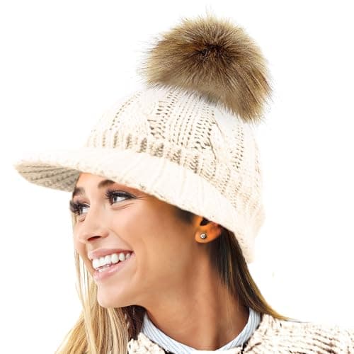Image of RockJock Ladies Warm Fleece Lined Knitted Peaked Beanie Baseball Cap with Detachable Faux Fur Pompom- wear with or Without