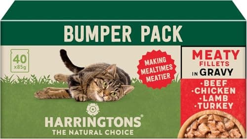 Image of Harringtons Complete Wet Pouch Grain Free Hypoallergenic Adult Cat Food Meaty in Gravy Pack 40x85g - Beef, Chicken, Lamb & Turkey - Making Mealtimes Meatier