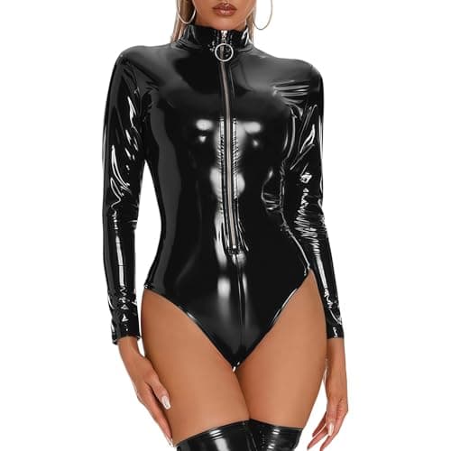 Image of Women's Shiny Leather Bodysuit, Long Sleeve Glossy PVC One Piece Patent Catsuit, Wet Look Zipper Front Skinny Jumpsuit for Cosplay Clubwear, Metallic Stand Collar Nightwear Leotard for Festival Rave
