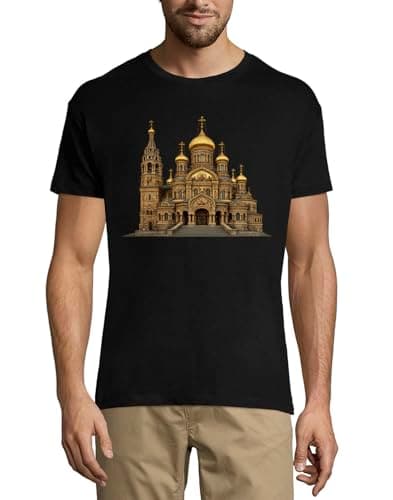 Image of Orthodox Church with Golden Domes Crew Neck Cotton Men's T-Shirt Black Large