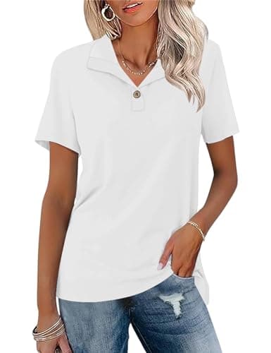 Image of Ivicoer Polo T Shirts Short Sleeve V Neck Collared Tops Button Down Tunic Work Blouses for Women Business Casual, White, L