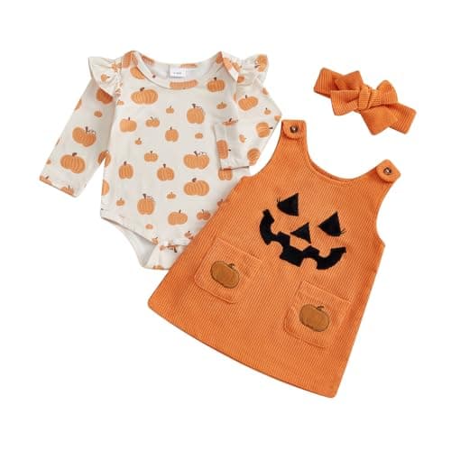 Image of My First Halloween Baby Girl Outfit Long Sleeve Top and Dress Autumn Winter Baby Clothes Set with Headband (Corduroy Pumpkin Orange, 0-3 Months)
