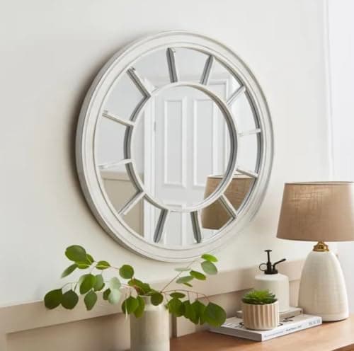 Image of Country Window Round Wall Mirror, White, Distressed Finish, Farmhouse Style, 71cmx71cmx2.4cm