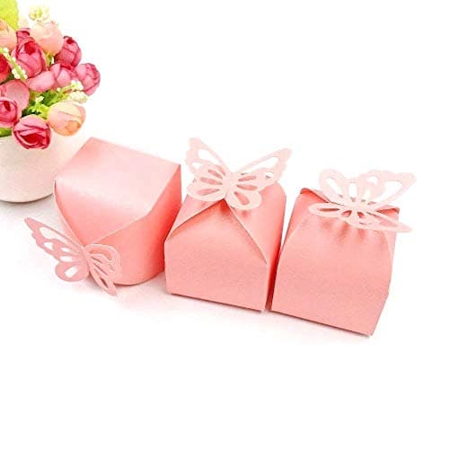 Image of JZK 50 x Pink butterfly paper wedding favours boxes small party gift box sweets candy box Confetti box for wedding birthday girl baby shower baptism Holy communion party bags