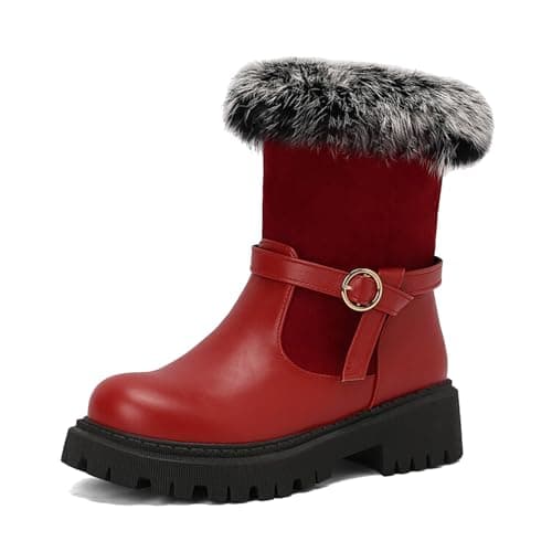 Image of Generisch 2025 Womens Faux Leather Lined Slip On Winter Boots Chunky Low Heel Hiking Boots Women Black 37, red, 2/2.5 UK