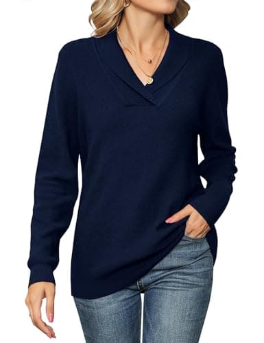 Image of IECCP Women's Jumpers V Neck Long Sleeve Tops Women Solid Color Pullover Lapel Knit Sweater Navy Blue M