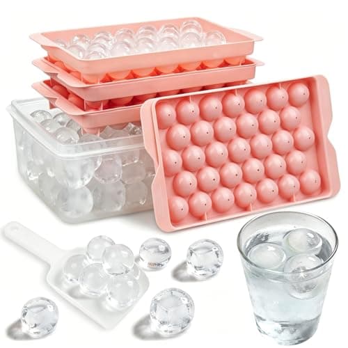 Image of 4 Ice Cube Trays with Lid,Round Ice Cube Moulds with Storage Container,Release Sphere Ice Mold for Freezer,Reusable Round Ice Balls Maker, Cocktails, Whiskey, Coffee,Ice Scoop