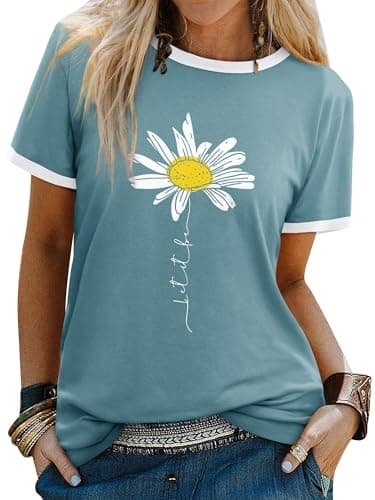 Image of Dresswel Women Let It Be T Shirt Daisy Flower Graphic Print T-Shirt Crew Neck Short Sleeve Tee Tops(2-Teal,L)