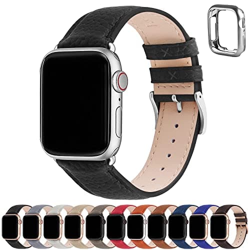 Image of Fullmosa Compatible with Apple Watch Straps 40mm 42mm (Series 11/10) 41mm 38mm, Genuine Leather iWatch Bands for iWatch SE 3 2 1 Series 11 10 9 8 7 6 5 4 for Women Men, Noir Black+Silver Buckle