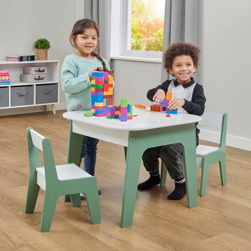 Image of Liberty House Toys Kids Wooden 4-in-1 Play Table and Two Chairs Set, White & Green, Construction Play, H50 x W60 x D60cm