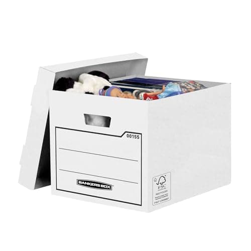 Image of 10 BANKERS BOX Storage Boxes Durable Storage Boxes with Lids - Heavy Duty Cardboard Boxes with Handles for Storage & Relocating - W32.5 x H28.5 x D39cm (Pack of 10) - White