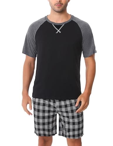 Image of Litherday Men's Pyjamas Set Short Sleeve Cotton Soft Summer Nightwear PJs Set Loungewear Sleepwear T-Shirt Top & Shorts Bottoms with Pockets(Black,M)-2