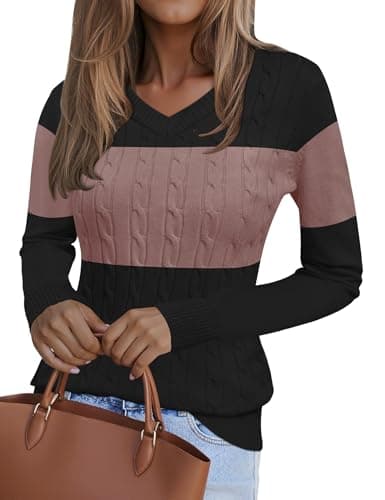 Image of Kistore Women Fall Clothing Winter Jumper V Neck Sweaters for Women UK Lightweight Tops Color-Blocked Ladies Jumpers Size 16 Black Pink