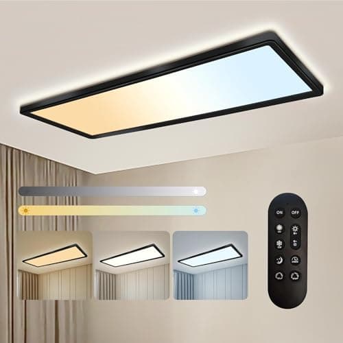 Image of ONDTA Black Ceiling Light 22W, 23x8'' 2700K-6500K Dimmable with Remote Control, IP44 Waterproof Bathroom Lights Ceiling, Modern Simple Thin LED Panel for Kitchen, Bedroom, Hallway, Office