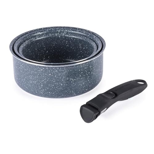 Image of Russell Hobbs Nightfall Stone 3pc Saucepan Set – Smart Clip Non-Stick Pans, 16cm, 18cm, 20cm, Stay Cool Detachable Handle, Oven to Hob to Table Cooking, Space Saving Stackable Cookware