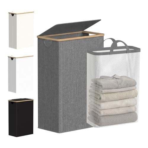 Image of efluky 75L Slim Laundry Baskets with Lid, Collapsible Laundry Hamper with Removable Bag, Small Slimline Washing Basket for Dirty Clothes, Cloth Storage Basket (Grey, Slim 75 Litres)
