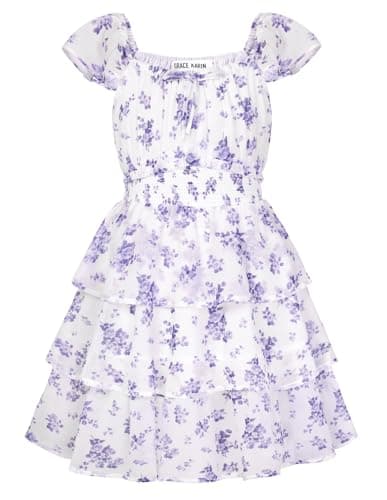 Image of GRACE KARIN Girls Summer A-Line Tiered Floral Dress, Ruffle Sleeve Square Neck Midi Flower Girl Party Dresses 6-14 Years White with Purple 10-11 Years
