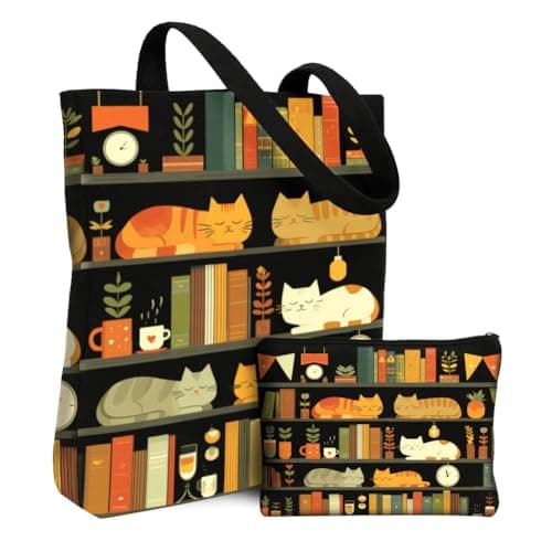 Image of twinklemon 2 Pack Cat Bookshelf Canvas Tote Bag and Makeup Pouch, Reusable Cute Shopping Bag for Women, Aesthetic Portable Foldable Canvas Cat Handbag Set for Work Vacation Travel Grocery