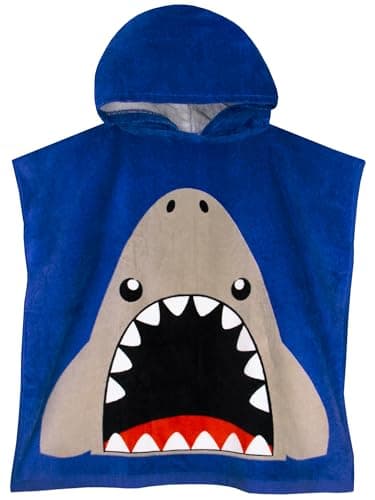 Image of Harry Bear Boys Towel Poncho, Shark Hooded Towels For Kids, Cotton Kids Beach Towel and Swimming Towels, One Size, Blue