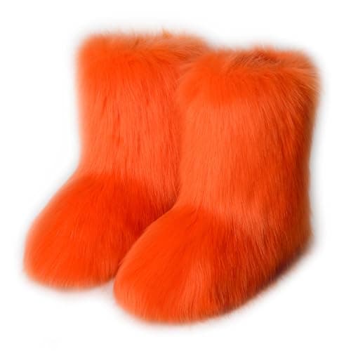 Image of Galindopia Women Cute Fluffy Boots Warm Winter Snow Boots Faux Fox Fur Shoes Festival Shoes Furry Feet Paws Rave Custome Fuzzy Leg Warmer Outdoor Orange Size 40