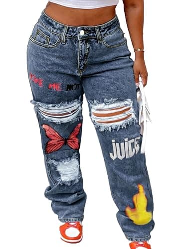 Image of Vaimti Plus Size Women's Distressed Ripped Jeans with Butterfly, High Waisted Straight Leg Denim (UK, Alpha, 4XL, Plus, Regular, Blue)