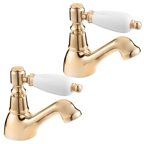 Image of Deva GE01/501 Georgian Basin Taps in Gold - Pair of Traditional Brass Sink Tap - Single Hot & Cold Lever Handles Bathroom Toilet Washroom Ensuite Faucet – 12 Year Warranty