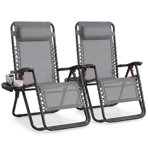 Image of SONGMICS Set of 2 Zero Gravity Reclining Chairs, Folding Sun Loungers with Tray, Adjustable Headrest, Max. Load 110 kg Each, for Patio, Garden, Dark Grey GLB032GZ02