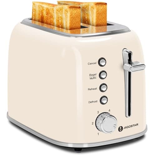 Image of Aigostar Toaster 2 Slice - Extra Wide Slots for Bagels & Crumpets - 800W Retro Stainless Steel Toaster with 6 Browing Levels, High - Lift, Defrost Reheat Cancel Functions, Removable Crumb Tray, Cream