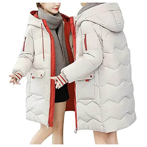 Image of HHMY Women's Quilted Jacket Long Winter Coat with Hood Pocket Zip Sporty Women's Fashion Puffer Jacket Windbreaker Hooded Coats Outdoor Parka Coat S - 4XL, White, M