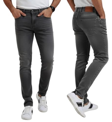 Image of Rock Rivet Mens Jeans Slim Regular Fit Denim Straight Leg Trousers Stylish Fashion Pant Jean All Waist Sizes (UK, Waist & Inseam, 36, 34, Grey)