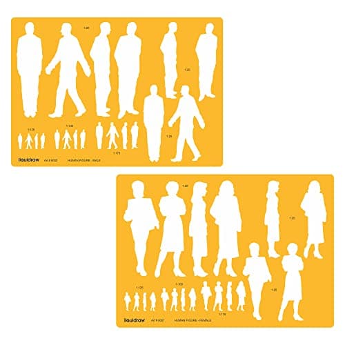 Image of Liquidraw Human Figure Drawing Template Stencil - Set of 2 | 205 x 145 mm | Male & Female Figures Model for Fashion Designing & Art | 20 Figures in Each Stencil | Scales 1:20, 1:25, 1:75, 1:100, 1:125