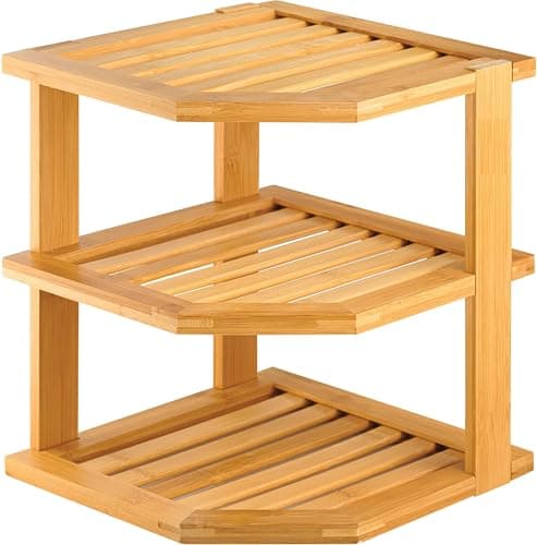 Image of MantraRaj 3 Tier Bamboo Corner Shelf Rack Unit Kitchen Cupboard Storage Organiser Worktop Tidy Kitchen Plate Rack Space Saving Standing Storage Unit For Home, Living Room, Bathroom