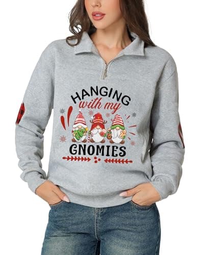 Image of Glimnerize Christmas Womens Xmas Pullover Sweatshirt 1/4 Zip Standing Collar Gnome Funny Graphic Christmas Jumper Hoodie Grey-B1 L