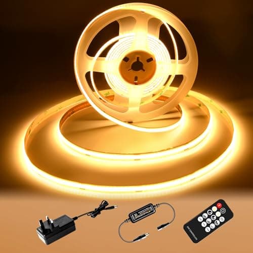 Image of luktix COB LED Strip 2M,3000K Warm White LED Strips, 24V Dimmable LED Strip Lights, CRI92+,8mm Width, with Remote Control and UKCA Power Supply,for Home Decoration, Kitchen, Mirror