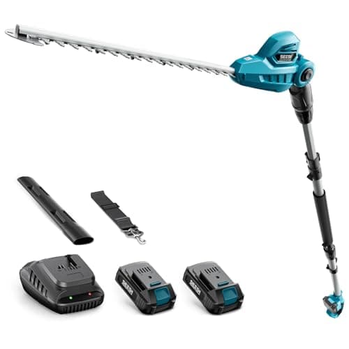 Image of SEESII Cordless Pole Hedge Trimmer: 20V Electric Bush Trimmer - 410mm Dual-Action Blade, 2x2000mAh Batteries, Long Reach 2.5m Telescopic Pole, 135° Adjustable Head, Hedge Cutter for Shrubs Pruning