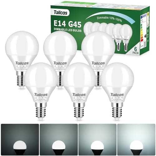 Image of Tailcas E14 Dimmable LED Bulb, 5W Cool White 6000K Small Edison Screw (SES) Bulb, Equivalent 40W Halogen, G45 Golf Ball LED Light Bulb, 450lm CRI>80 No Flickering, for Interior Lighting, 6 Pack
