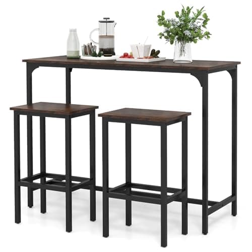 Image of GiantexUK 3PCS Bar Table Set, Metal Frame Breakfast Bar Set with Spacious Tabletop, H-Shaped Structure & Footrests, Industrial Counter Height Table and Stools for Dining Living Room (Coffee+Black)
