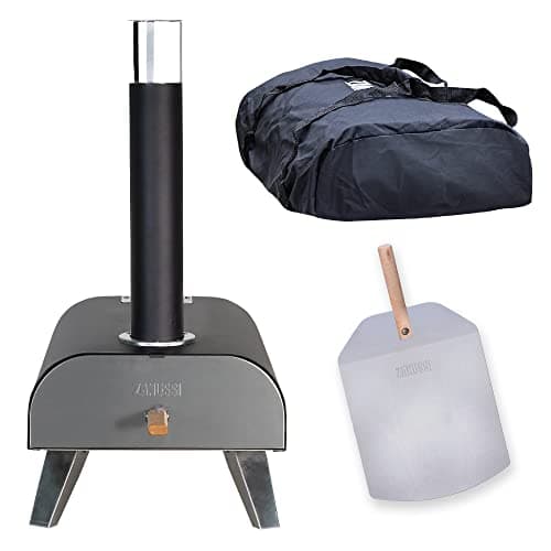 Image of Zanussi ZPO1BPC Outdoor 12 Inch Wood Pellet Portable Wood Fired Pizza Oven with Paddle and Cover in Black, BBQ Oven & Smoker, Stainless Steel Foldable Legs