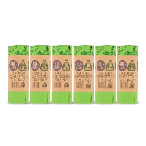Image of Eco Green Living 100% Compostable Biodegradable Bin Liners 60L Bin Bags For Food Waste, Kitchen Tall Bin Liners, Vegan, Strong, Leakproof, BPA Free, Recyclable, 6 Rolls, 60 Bags