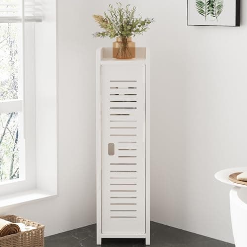 Image of Dripex 4 Tier Bathroom Floor Cabinet, Slim White Storage Cabinet with Door, Narrow Free Standing Cupboards Adjustable Shelves for Bathroom, Bedroom or Balcony (Door Style 2)