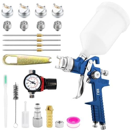 Image of HVLP Paint Spray Gun Air Gravity with 4 Nozzles 1.4/1.7/2.0/2.5mm 600ml Cup, Paint Sprayers with Air Regulator, Spray Gun for Fence, Cars, Wall, Furniture Painting (Blue)