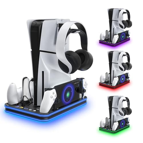 Image of Charger Dock compatible with PS Portal, Playstation 5 Stand and Cooling Station with RGB LED Charging Dock, PS5 Edge Controller and Headset and Remote Holders - black