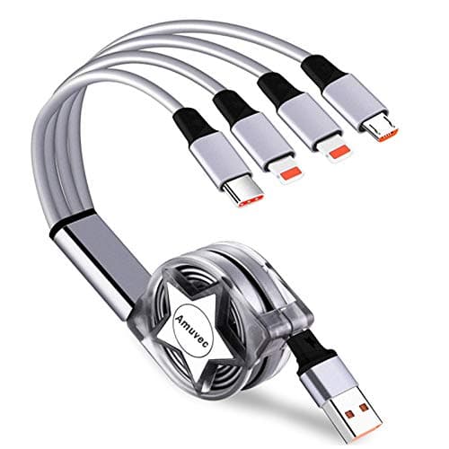 Image of Amuvec Multi 4 in 1 Retractable Charging Cable, 1M 3A Fast Phone Charger Cables with 2*iP Type C Micro USB Connector, for Phone, Samsung Android, Huawei, Moto, Xiaomi, Sony, Nokia, Oppo, PS5