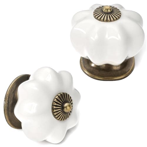 Image of ELEBUILD 12 Pack Ceramic Cabinet Knobs, White Kitchen Cupboard Pulls, 37mm Single Hole Handle, Classic Antique Pull Handle, Vintage Door Knobs for Chest of Drawer, Dresser, Wardrobe, Home Decoration